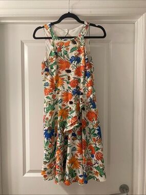 Sleeveless Floral Ruffle Dress in White with Orange & Blue Bloom